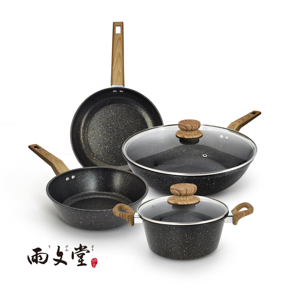 雨文堂UBUNDO 羽墨黑4鍋6件組(32炒+32蓋+24平+22炒+22湯+22蓋)